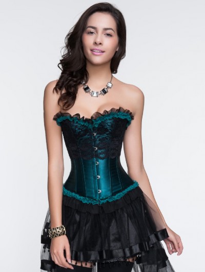 Black and Green Gothic Ruffled Lace Burlesque Corset