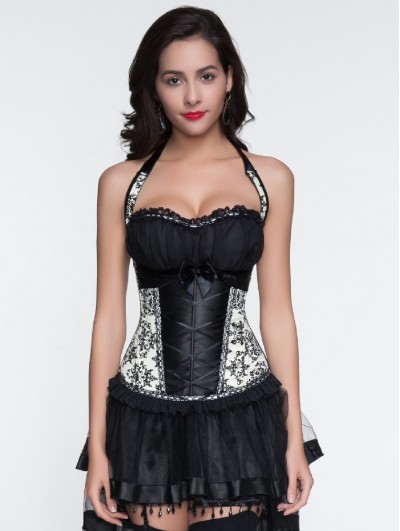 Black Retro Halter Patterned Overbust Gothic Corset