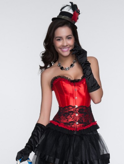 Black and Red Vintage Lace Ruffled Overbust Gothic Corset