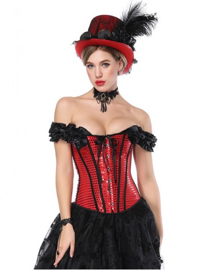 Black and Red Gothic Off-the-Shoulder Sequined Overbust Burlesque Corset