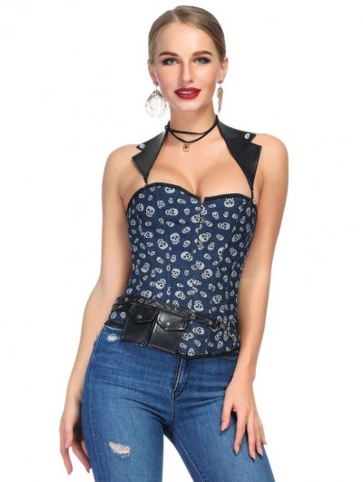 Blue Skull Pattern Overbust Gothic Corset with Collar