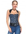 Blue Skull Pattern Overbust Gothic Corset with Collar