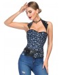 Blue Skull Pattern Overbust Gothic Corset with Collar