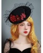 Red Flower Black Gothic Bridal Mesh Flat Hat Headdress