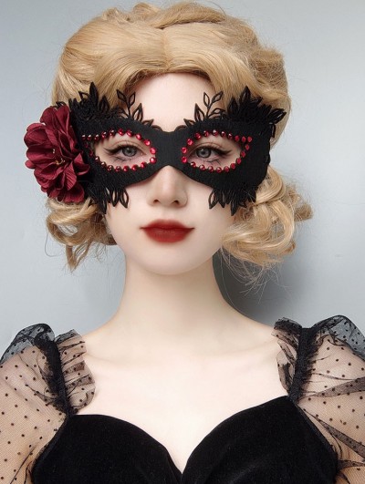 Red Rose Black Felt Masquerade Jeweled Eye Mask