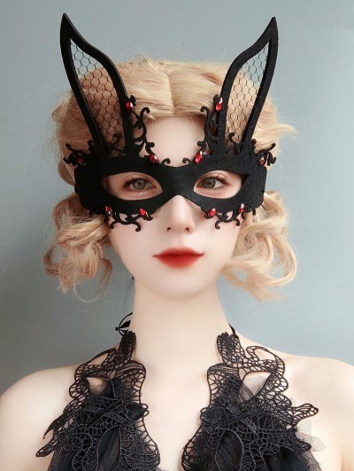 Black Gothic Halloween Half Face Bunny Ear Mask