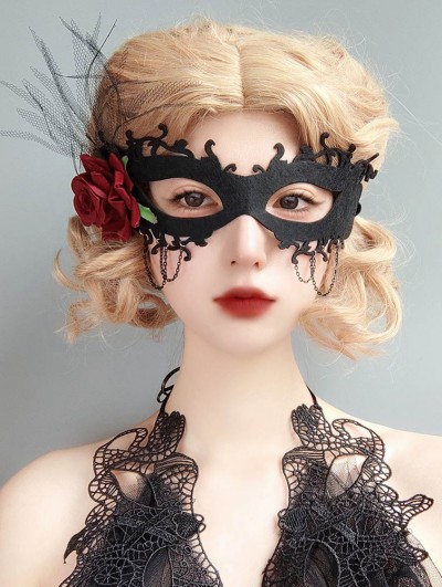 Black Gothic Red Rose Masquerade Tulle Mask