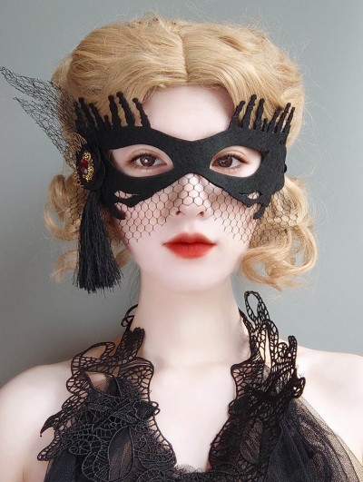 Black Gothic Gold Leaf Mesh Tassel Masquerade Mask