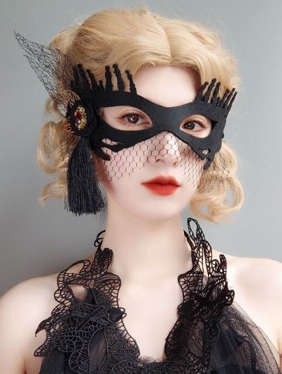 Black Gothic Gold Leaf Mesh Tassel Masquerade Mask