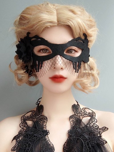 Black Gothic Rose Pendant Mesh Cosplay Mask