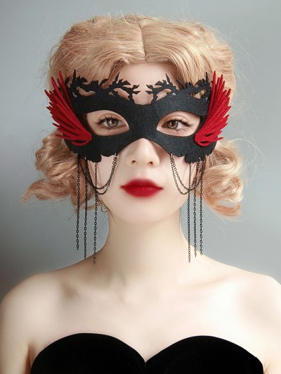 Halloween Masquerade Black and Red Gothic Tassel Mask