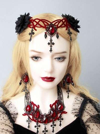 Black and Red Crystal Gothic Vampire Style Cross Pendant Earrings