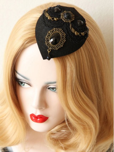 Black Lace Crystal Ribbon Flower Gothic Hat Headdress