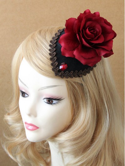 Black and Red Rose Gothic Lace Trim Hat Headdress