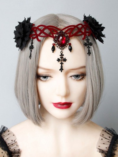 Black and Red Gothic Vampire Cosplay Cross Pendant Headdress