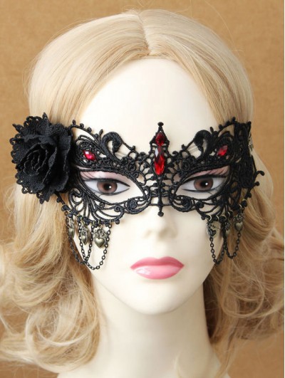 Black Lace Flower Red Rhinestone Gothic Half Face Mask