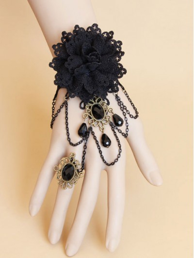 Black Retro Gothic Flower Lace Chain Bracelet Ring Jewelry