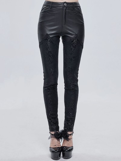 Devil Fashion Black Gothic Punk Leather Lace Applique Long Slim Pants for Women