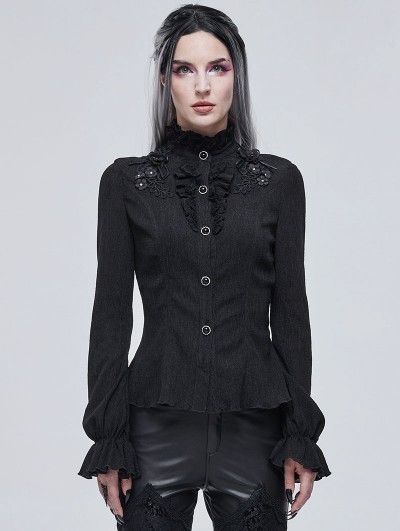 Devil Fashion Black Gothic Elegant Flower Long Sleeve Blouse for Women