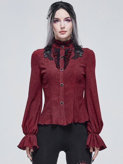 Devil Fashion Red Gothic Elegant Flower Long Sleeve Blouse for Women