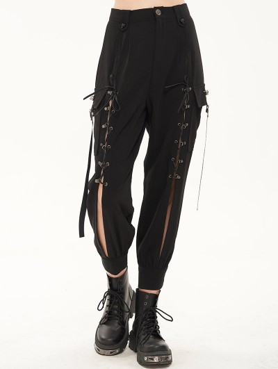 Devil Fashion Black Gothic Punk Front Open Buckle Strap Long Cargo Pants for Women