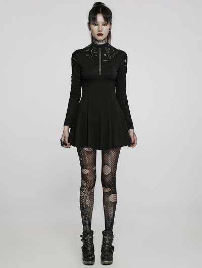 Punk Rave Black Gothic Punk Long Sleeve Chain Print Daily Wear Short Dress