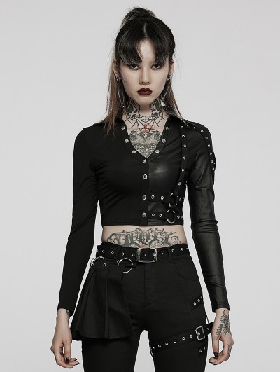 Punk Rave Black Gothic Punk Personalized Splicing Short T-Shirt for Women