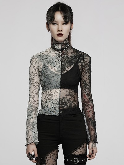 Punk Rave Black and White Gothic Simple Spliced Floral Long Sleeve T-Shirt for Women