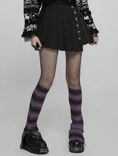 Punk Rave Black and Violet Gothic Daily Striped Leg Warmer