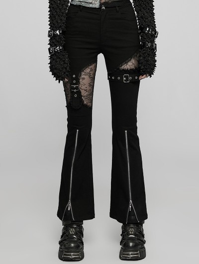 Punk Rave Black Gothic Punk Lace Splicing Long Flare Pants for Women