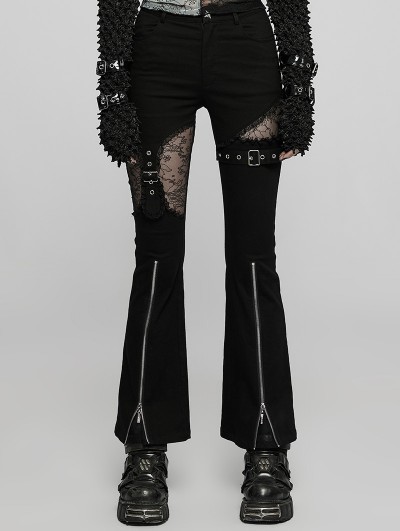 Punk Rave Black Gothic Punk Lace Splicing Long Flare Pants for Women 