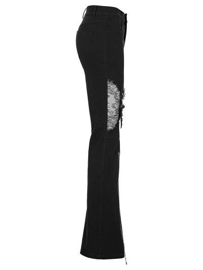 Punk Rave Black Gothic Punk Lace Splicing Long Flare Pants