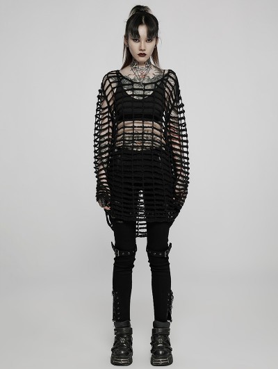 Punk Rave Black Gothic Oversize Mesh Loose Long Sweater for Women
