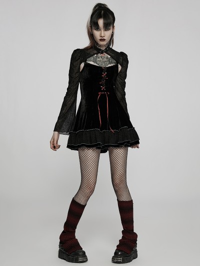 Punk Rave Black Gothic Two-Piece Velvet Spider Web Cool Girl Short Dress