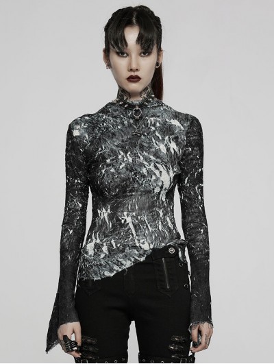 Punk Rave Black and White Dark Gothic Chiffon Long Sleeve T-Shirt for Women