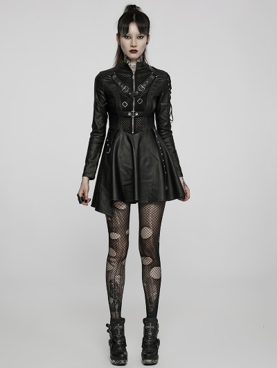 Punk Rave Black Gothic Punk Faux Leather Asymmetric Long Sleeve Short Dress