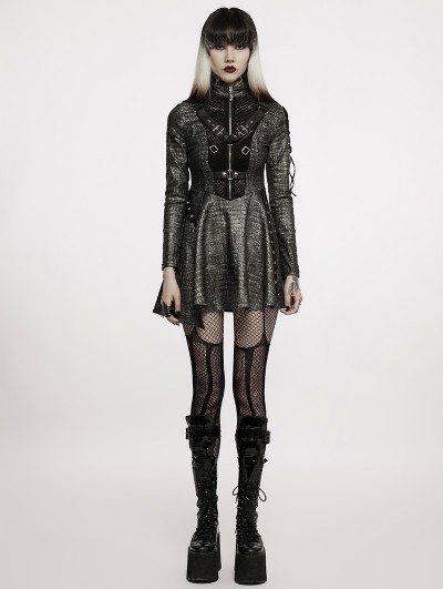 Punk Rave Black and Silver Gothic Punk Faux Leather Asymmetric Long Sleeve Short Dress