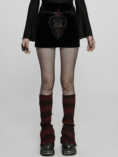 Punk Rave Black and Red Gothic Velvet Lace Applique Mini Skirt