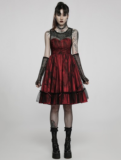 Punk Rave Black and Red Gothic Dark Mesh Spliced Woven Lolita Dress