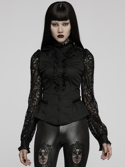 Punk Rave Black Gothic Victorian Long Bubble Sleeve Lace Blouse for Women
