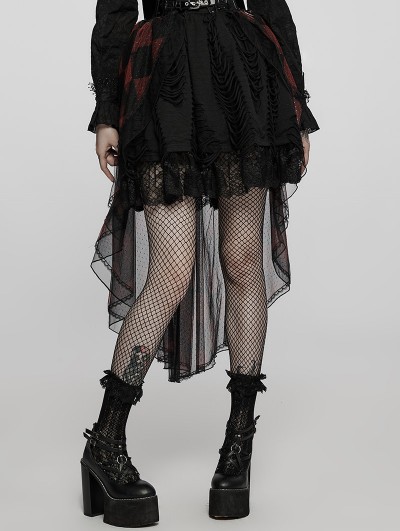 Punk Rave Black and Red Plaid Gothic Dark Lolita High-Low Tulle Skirt Cover