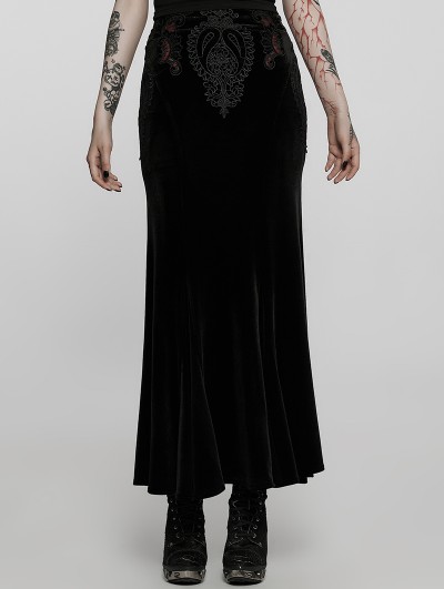 Punk Rave Black Gothic Gorgeous Lace Applique Long Velvet Fishtail Skirt
