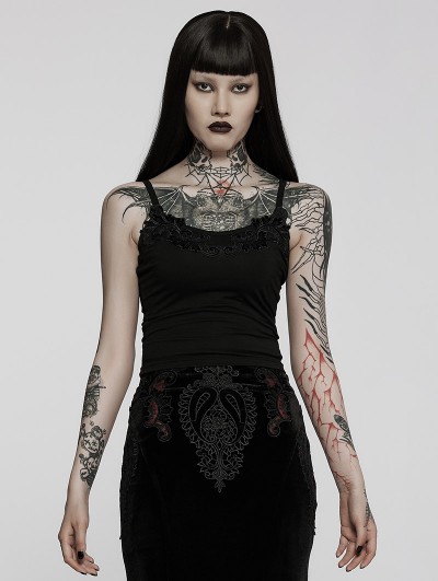 Punk Rave Black Gothic Simple Lace Applique Knitted Camisole for Women