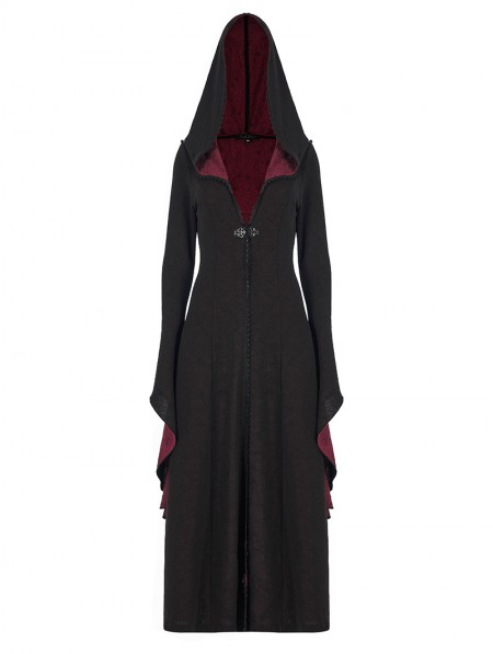 Punk Rave Black and Red Gothic Retro Wizard Long Hooded Coat for Women ...