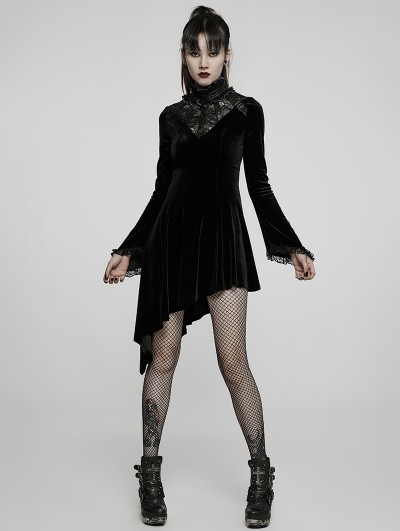 Punk Rave Black Gothic Velvet High Collar Long Sleeve Asymmetric Dress