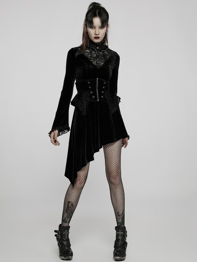 Punk Rave Black Gothic Velvet High Collar Long Sleeve Asymmetric Dress - DarkinCloset.com Punk Rave Black Gothic Velvet High Collar Long Sleeve Asymmetric Dress - DarkinCloset.com