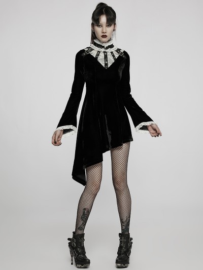 Punk Rave Black and White Gothic Velvet High Collar Long Sleeve Asymmetric Dress