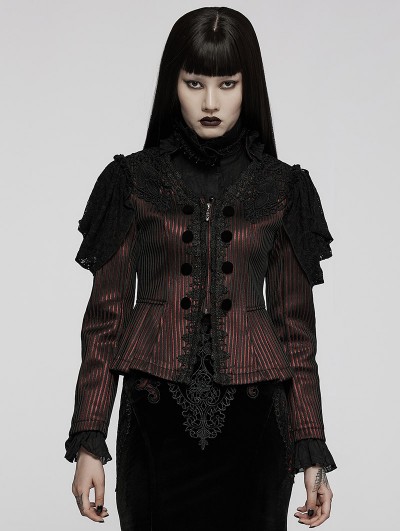 Punk Rave Black and Red Vintage Gothic Gorgeous Striped Lace Short Jacket for Women