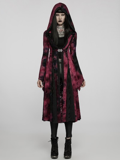 Punk Rave Black and Red Gothic Dark Wizard Long Hooded Coat for Women