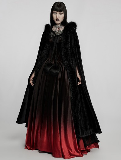 Punk Rave Black Gothic Faux Rabbit Fur Long Cloak for Women